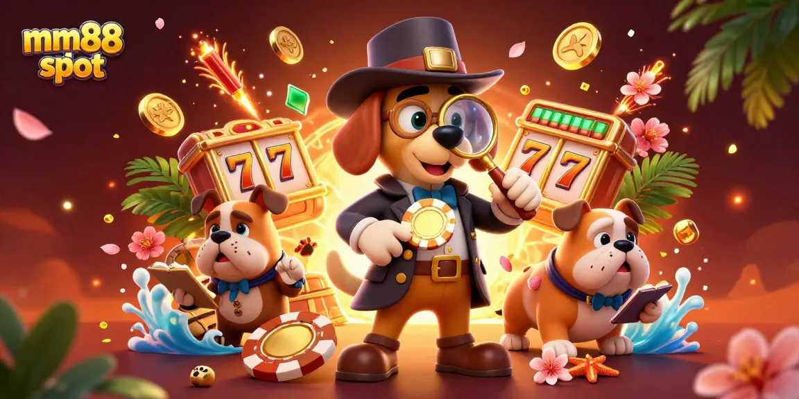 Experience the mm88 slot atmosphere with a cartoon detective uncovering golden poker chips in an engaging casino scene.