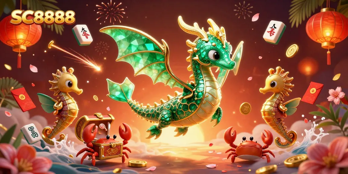 Feel the excitement at SC8888 with a vibrant sea dragon and royal seahorse in a dynamic casino setting.