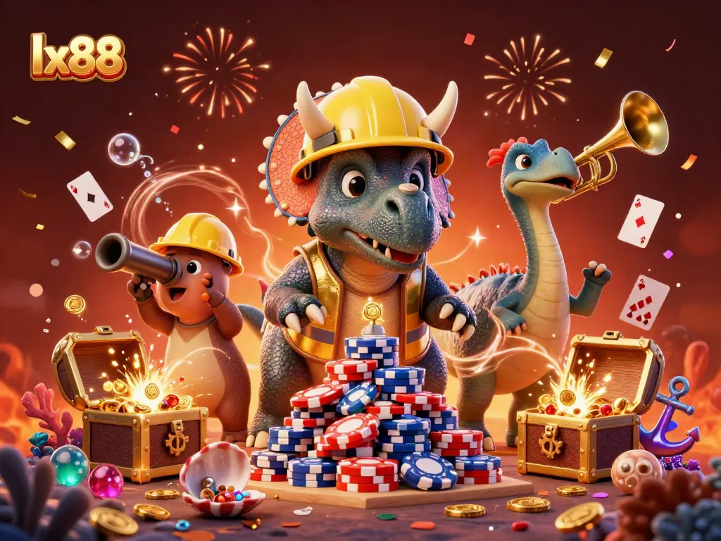 LX88 celebrates winning with a vibrant 3D illustration of a triceratops and friends creating a poker chip pyramid.