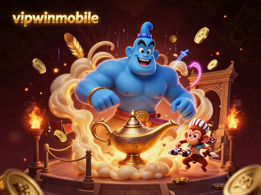 Experience exhilarating action on vipwinmobile with a genie and monkey amidst casino treasures in a vibrant digital scene.