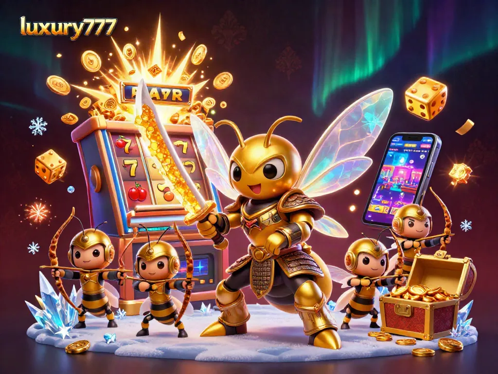 Experience luxury777 in action with dynamic slot game elements and a medieval bee warrior scene.