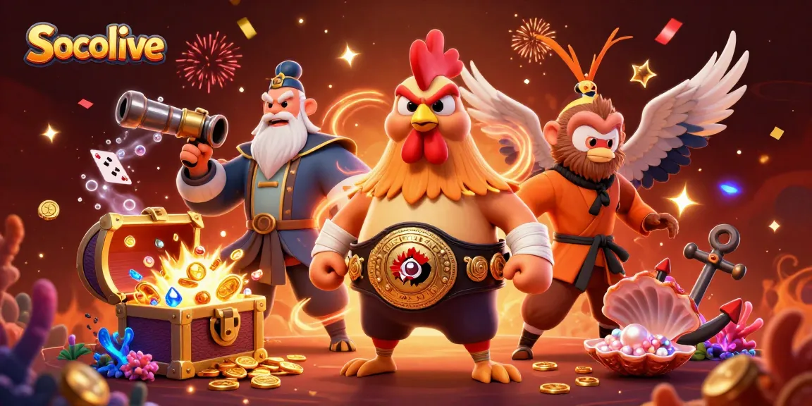 Socolive promotes dynamic gaming experiences with stunning visuals of characters and treasures in a vibrant scene.