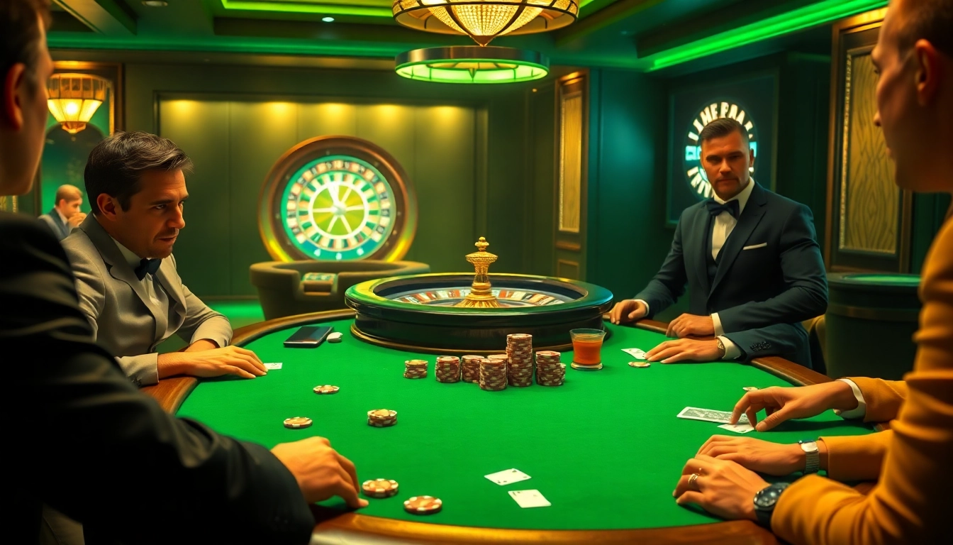 High-stakes players engaging at a luxurious poker table, highlighting DA88 elements for ultimate gambling excitement.