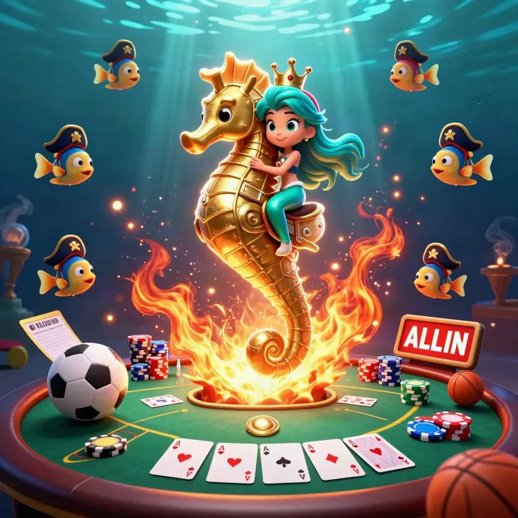 Mermaid princess on a golden seahorse with poker chips, cards, fish, and casino lights underwater