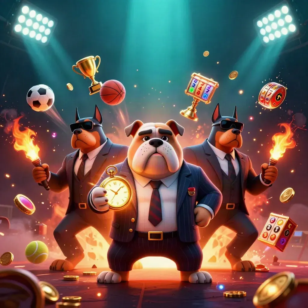 Bulldog boss and Doberman bodyguards burst through treasure, sports balls, reels, and glowing casino effects.