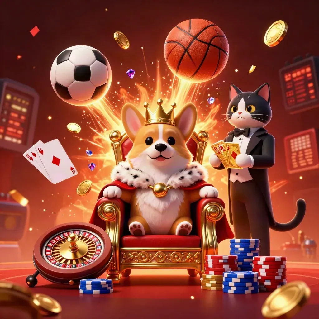 Regal corgi and cat butler amid flying casino chips, coins, balls, sparks, and glowing backlight