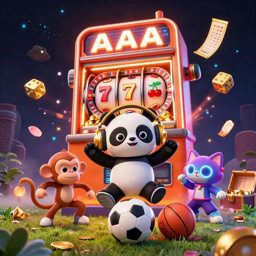 DJ panda, breakdancing monkey, and glow-stick kitten amid slot burst, balls, gold, and neon haze