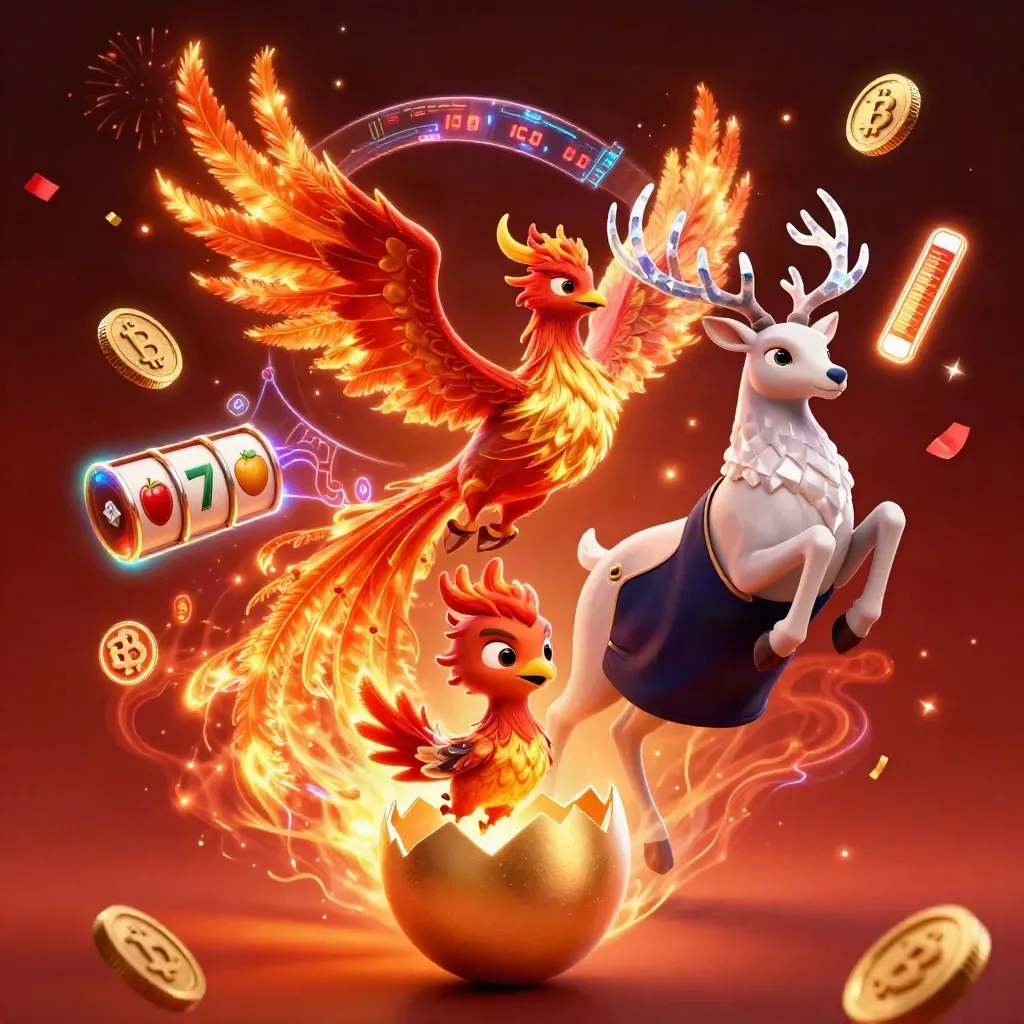 Fire phoenix, hatching baby phoenix, and crystal stag amid casino coins and slot symbols.