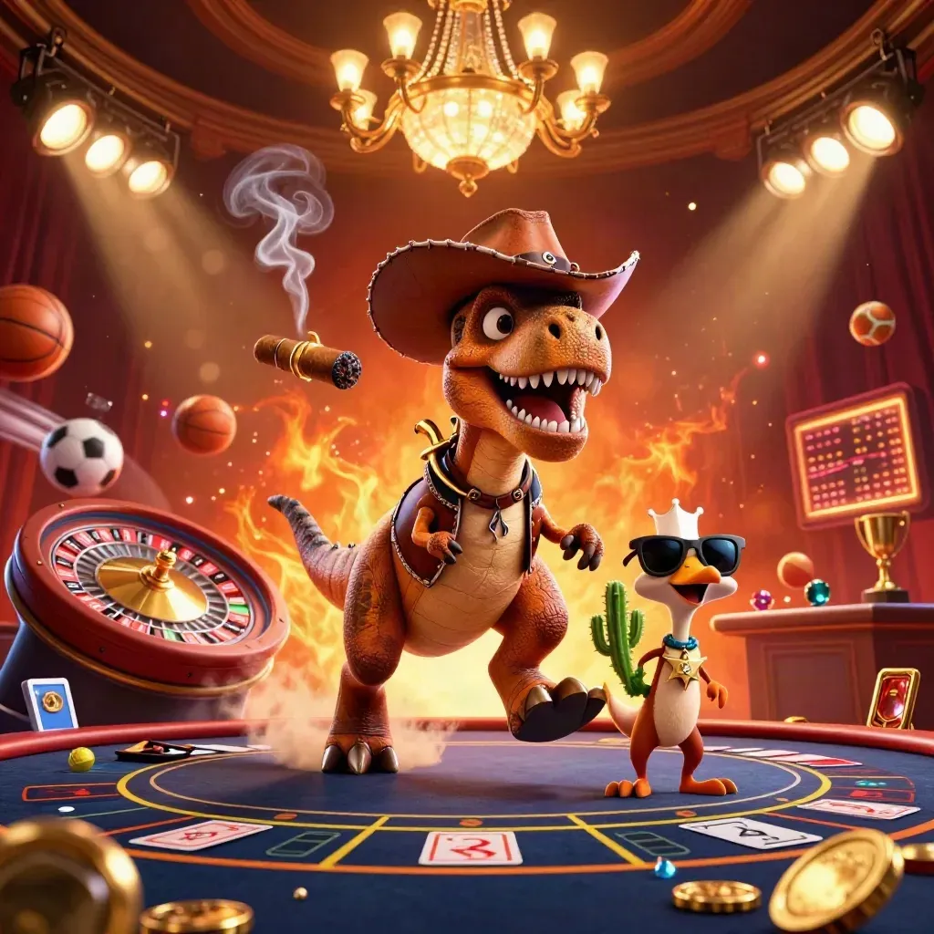 Cartoon T-Rex cowboy, cactus, and roadrunner in a fiery luxury casino with sports balls and gold