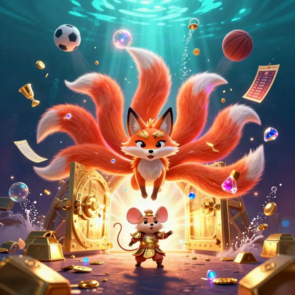 Neon fox spirit and golden mouse amid treasure, balls, bubbles, and glowing underwater rays.