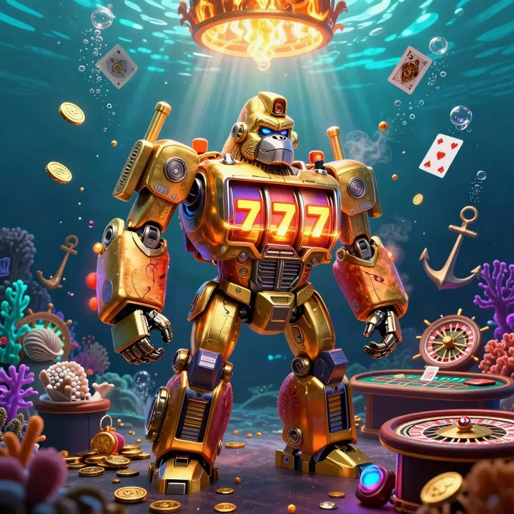 Golden gorilla mech and monkey pilot in glowing underwater casino treasure cove, neon-lit and luxurious.