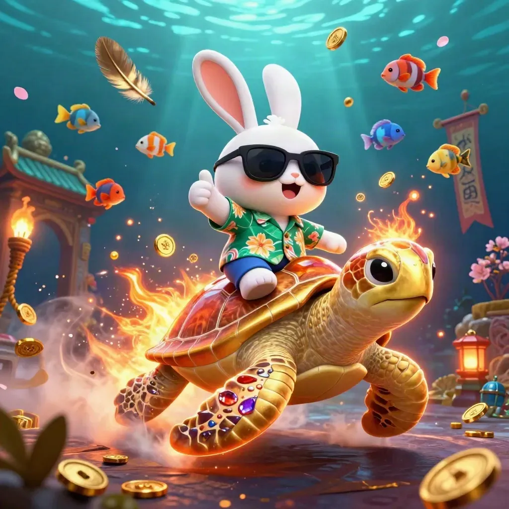 Lucky rabbit rides a gem-shell sea turtle through an underwater casino jungle of coins and petals.