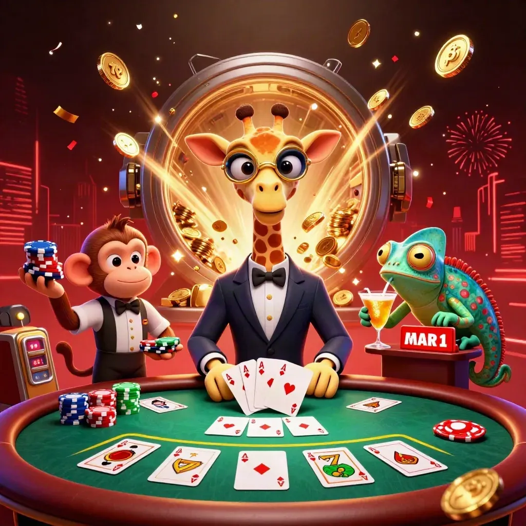 Giraffe, monkey, and chameleon at a blazing casino poker table with chips, reels, and gold coins