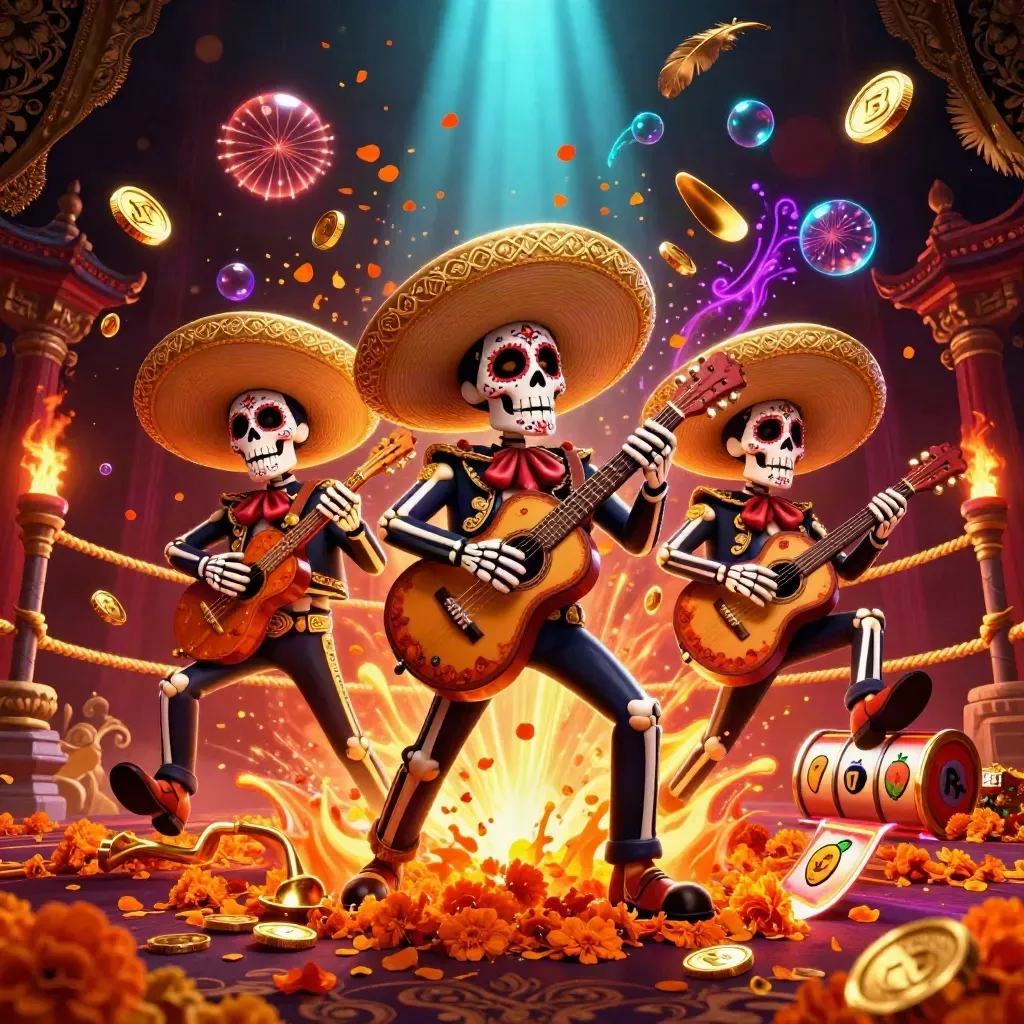 Skeleton mariachi trio bursting coins and neon casino magic in a luxe dark scene.
