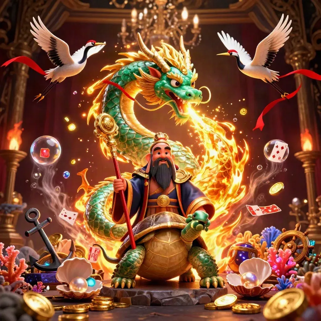 Jade dragon, turtle sage, and cranes amid treasure, coral, coins, and golden fire.