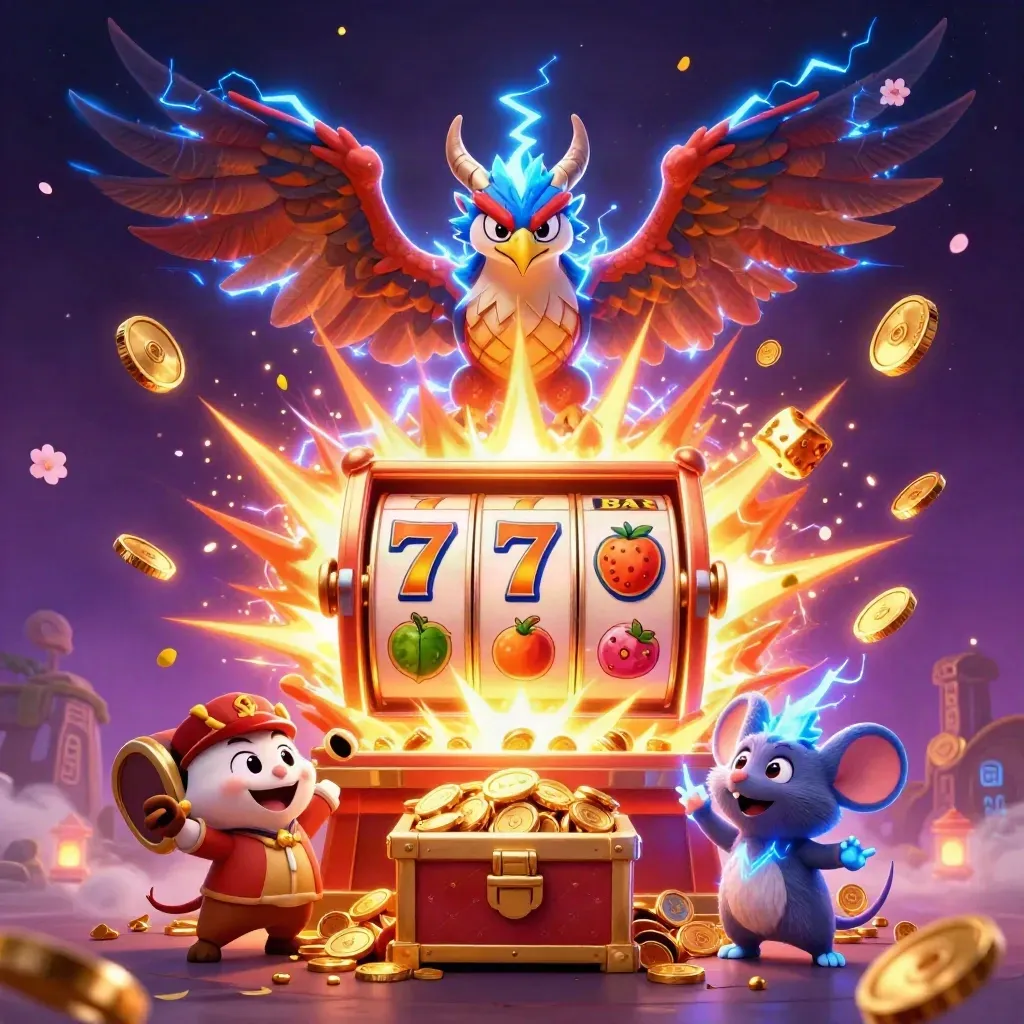 Thunder dragon, hawk, and mouse amid exploding slots, gold coins, and neon casino magic