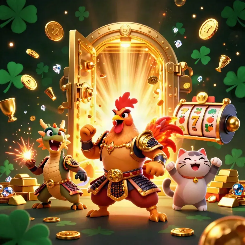 Rooster warrior, dragon hatchling, and fortune-cat explode from a vault with coins, gems, and fireworks.