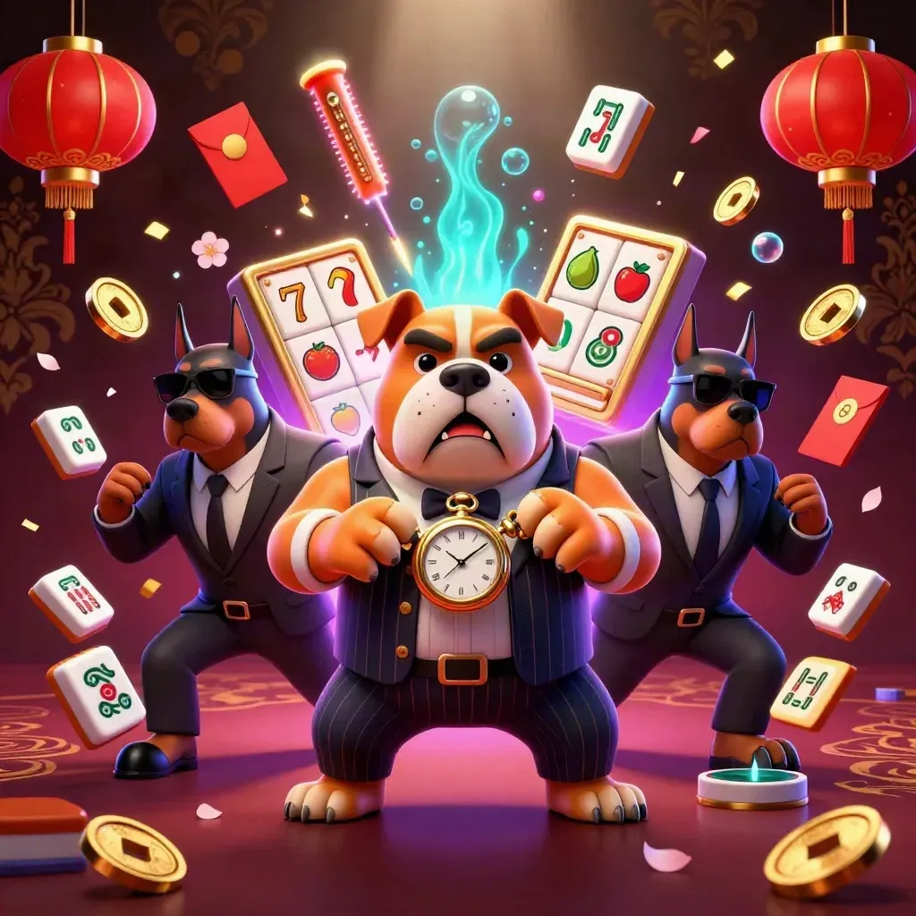 Mafia bulldog with two Dobermans amid casino reels, lanterns, coins, confetti, and neon glow