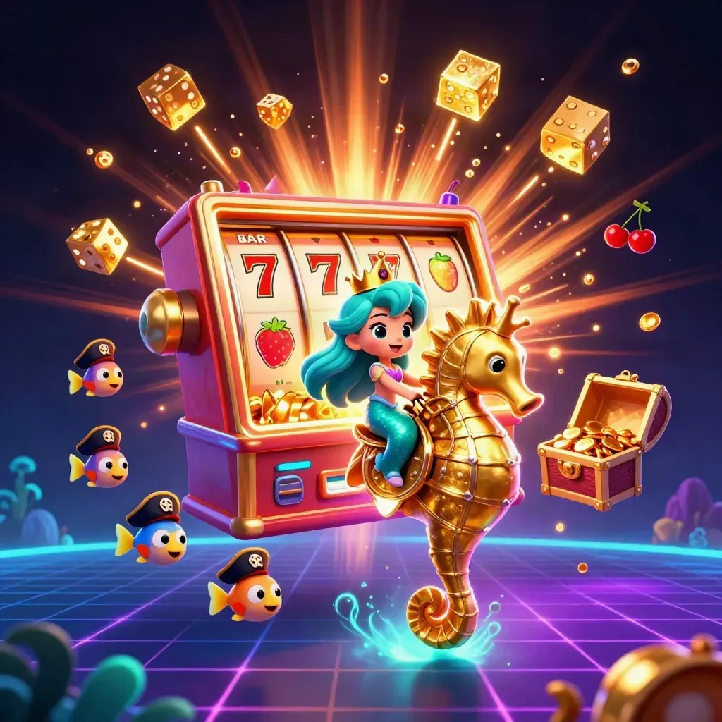 Mermaid princess on golden seahorse with slot machine, fish, dice, treasure, neon underwater glow.