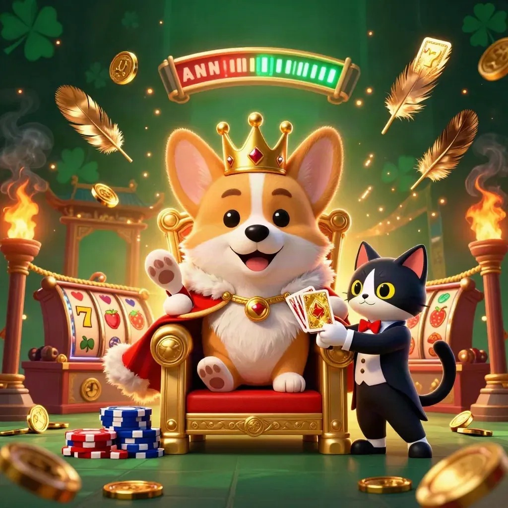 Crowned corgi and cat butler on a chip throne amid casino fire, coins, reels, and temple gate.