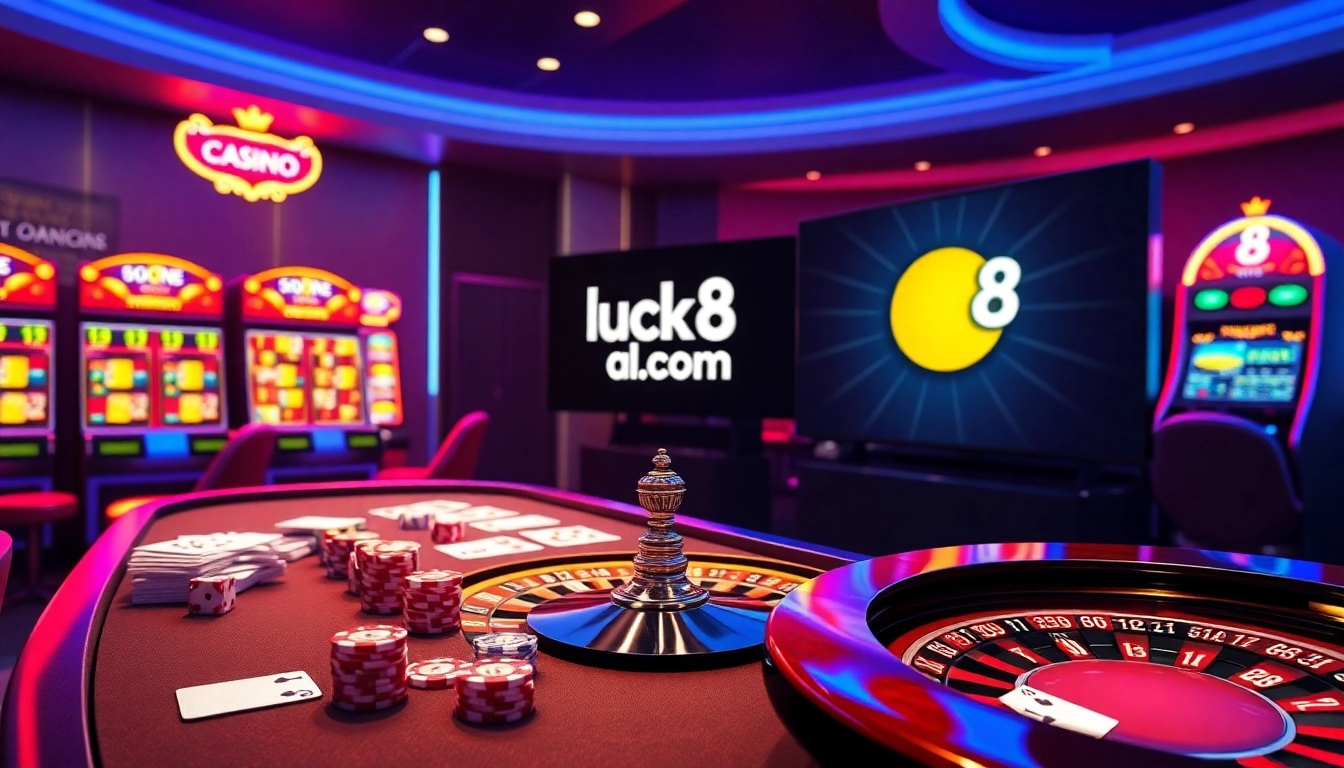 Players engaging in strategic gaming at luck8 com's vibrant online casino tables featuring poker and roulette.