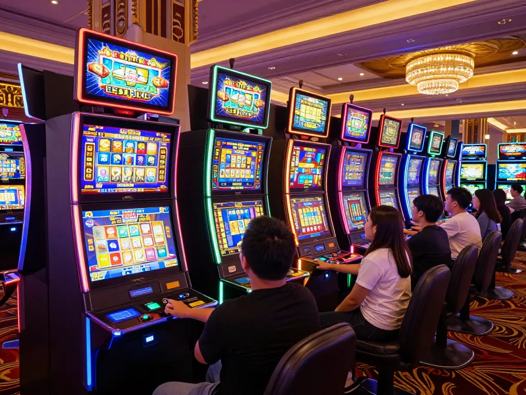Players engaging with colorful slot gacor machines amid vibrant casino atmosphere