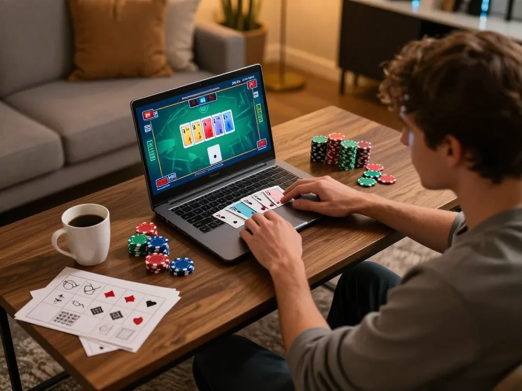 Player engaged in online poker at home using vua88 platform, with strategic notes and warm lighting.