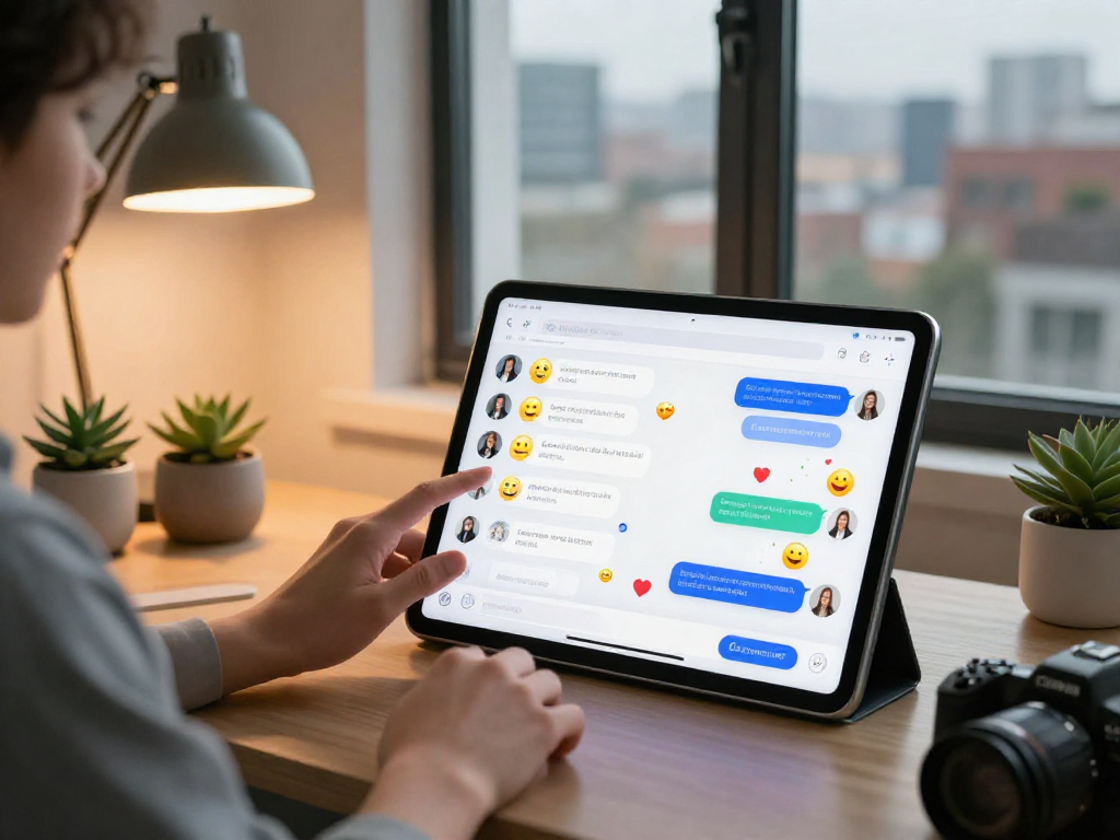 Engaging scene of AI chat porn interaction on a tablet in a modern workspace.