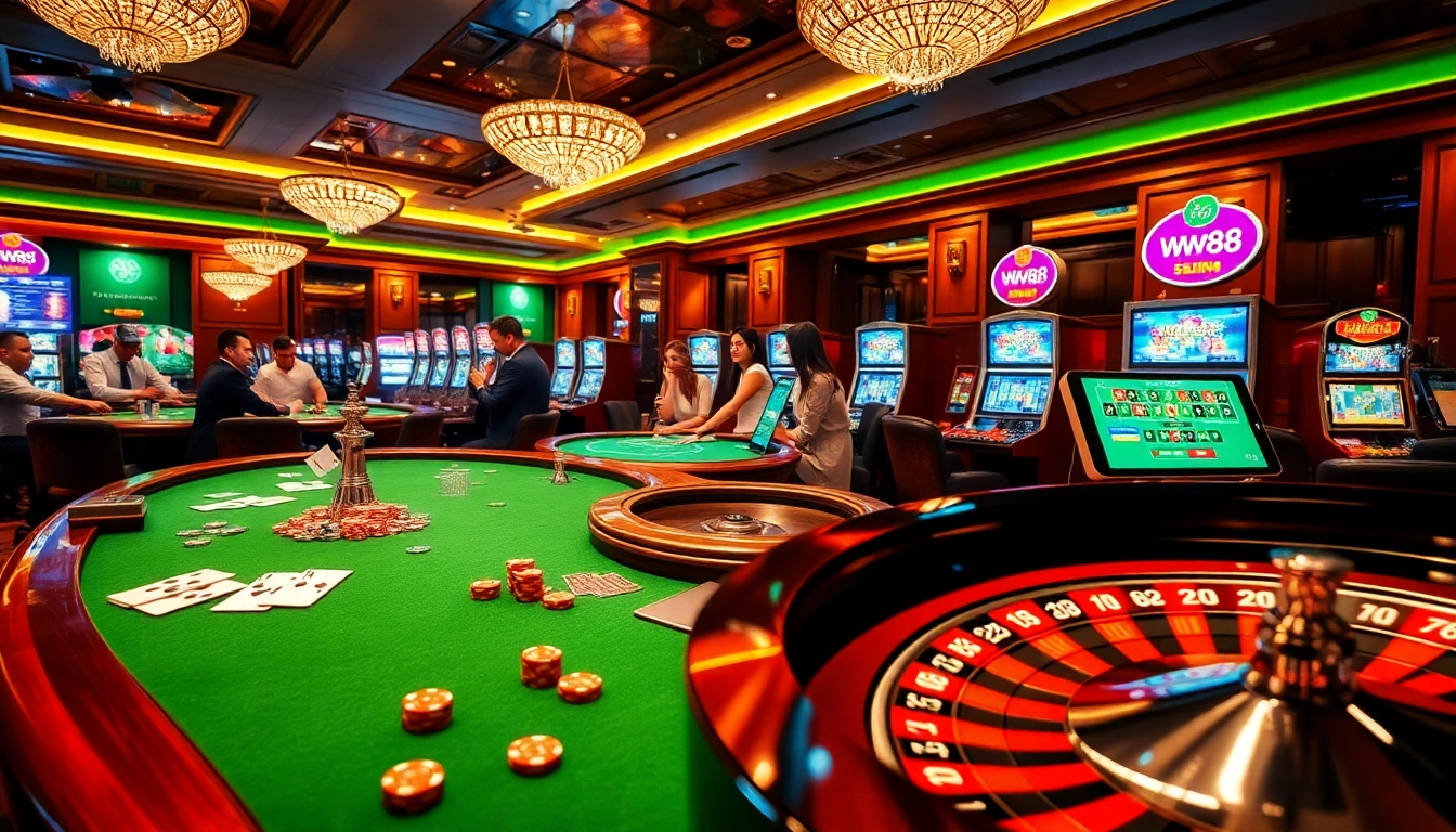 Engaging scene portraying players at ww88 online casino with vibrant tables and bright slot machines.