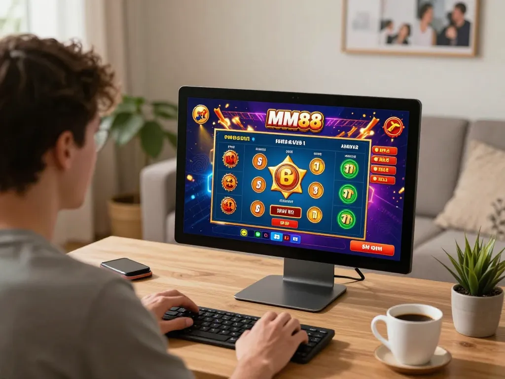 Experience online gaming excitement with MM88 as a player enjoys casino action in a cozy home setting