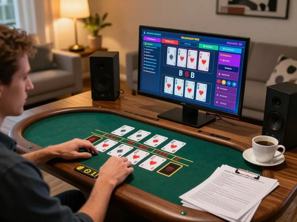 Player enjoying online blackjack at home using tr88seo with live dealer on screen, cozy setup