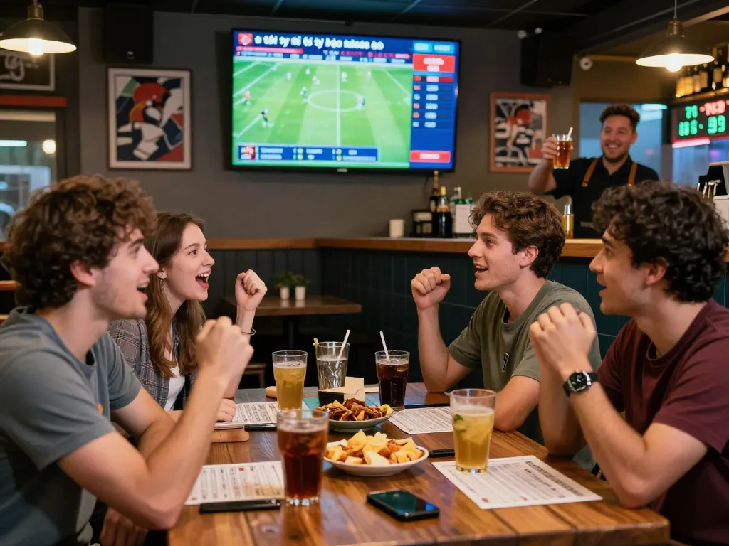 Enthusiastic bettors enjoying live sports with tỷ lệ kèo nhà cái displayed on screen in a vibrant sports bar atmosphere.