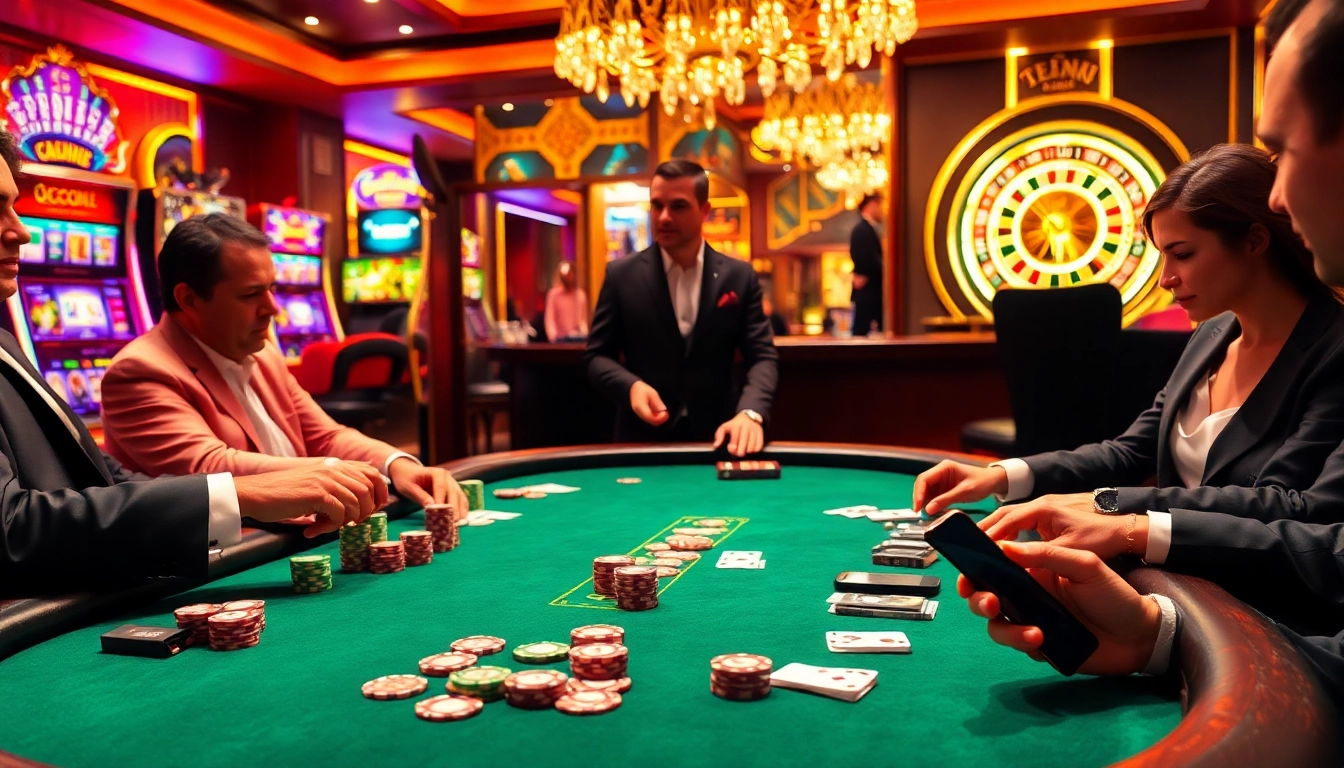 Engaging scene of players enjoying poker at trang chủ daga with vibrant slot machines and roulette.