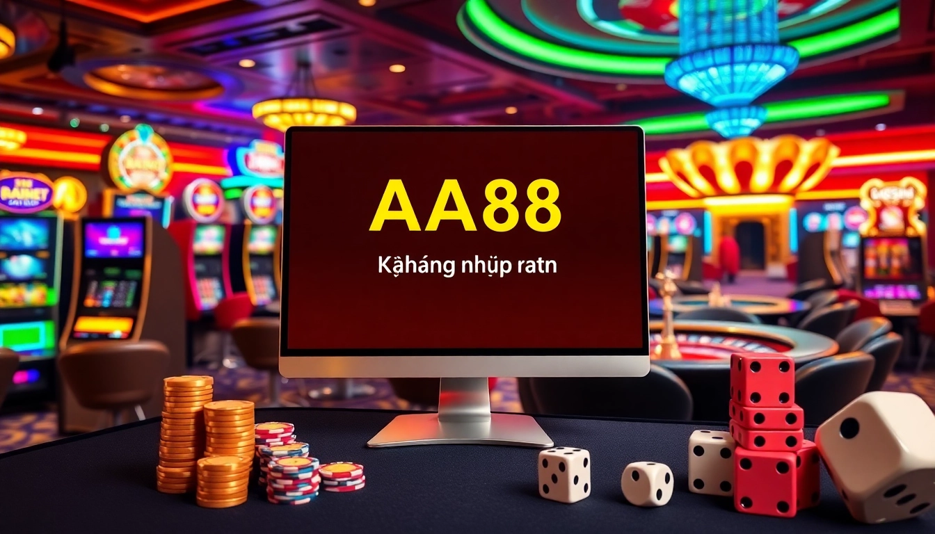 Experience AA88 Đăng nhập on a vibrant online casino interface filled with poker chips and slots.