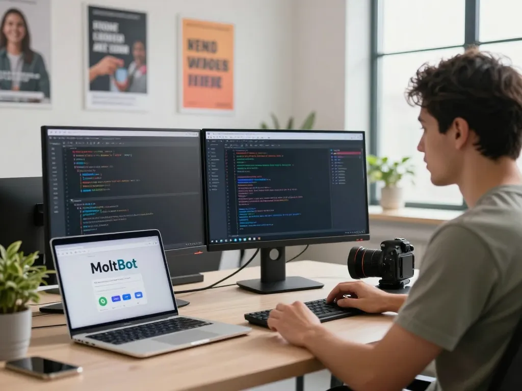 MoltBot AI in action at a modern tech workspace, showcasing software development and task automation integrations.