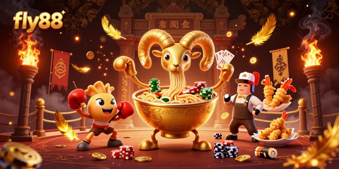 Experience excitement at fly88 with a vibrant 3D illustration featuring gambling-themed characters and casino elements.
