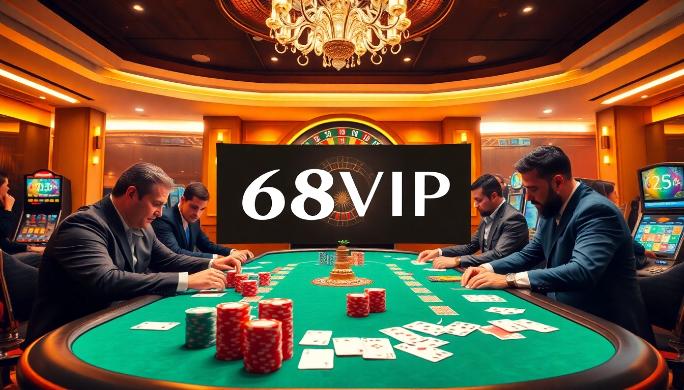 Players enjoying a high-stakes game at a luxurious 68VIP casino table, capturing excitement.