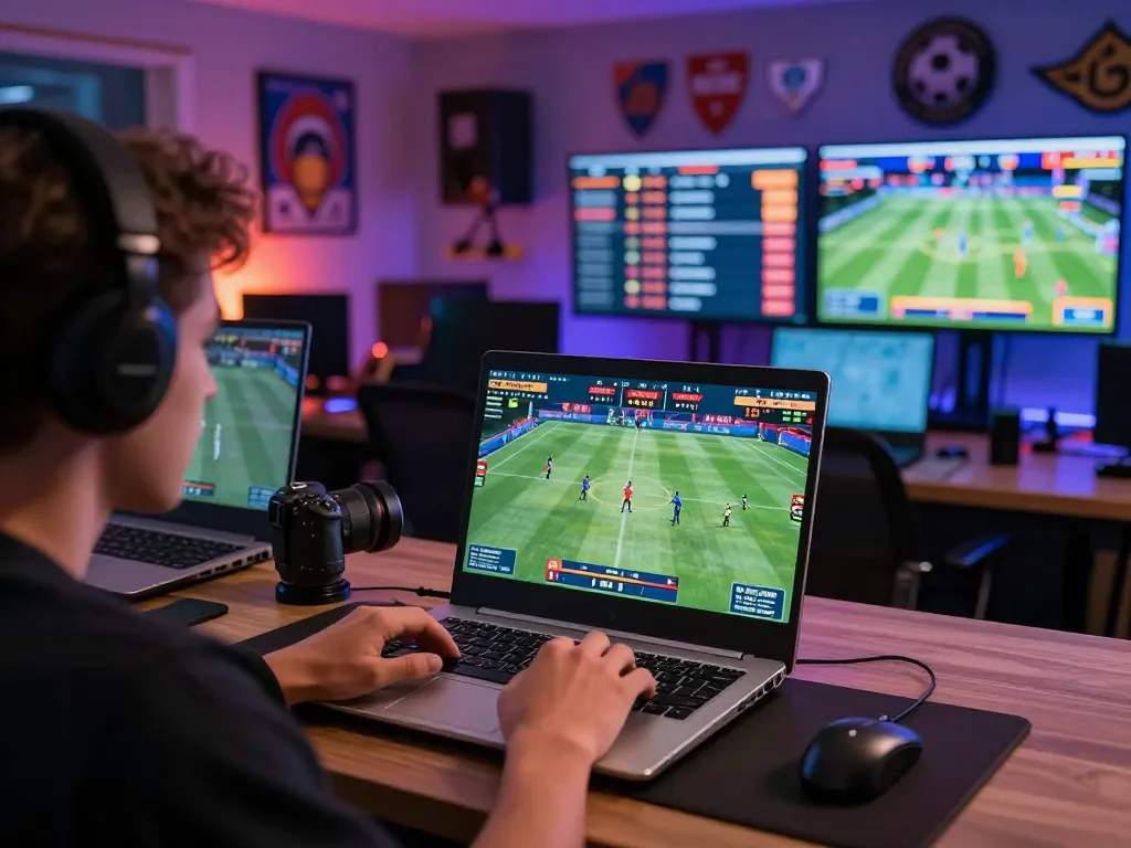 Engaged player analyzing kèo nhà cái while betting on sports events online with multiple screens.