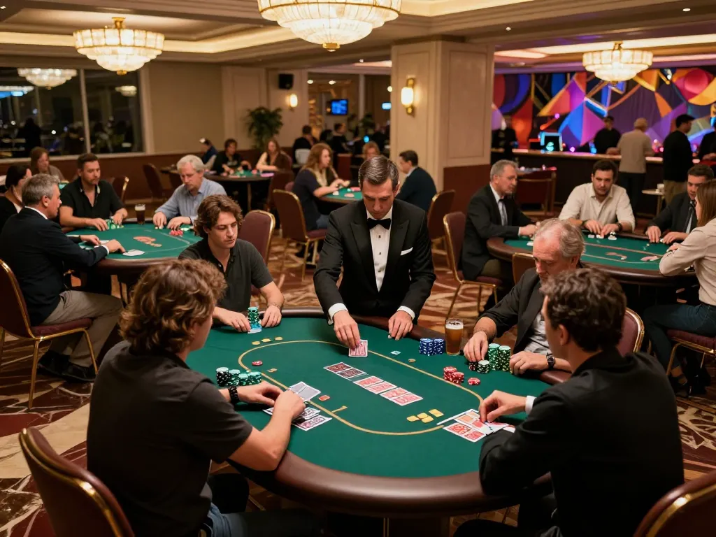 Players engage in intense poker strategy at DA88 casino tournament table with elegant ambiance.
