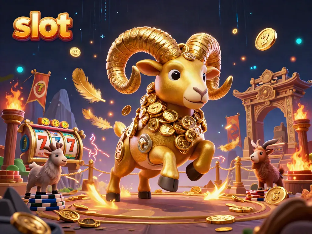 Experience thrilling slot action with a golden ram amidst vibrant casino elements.