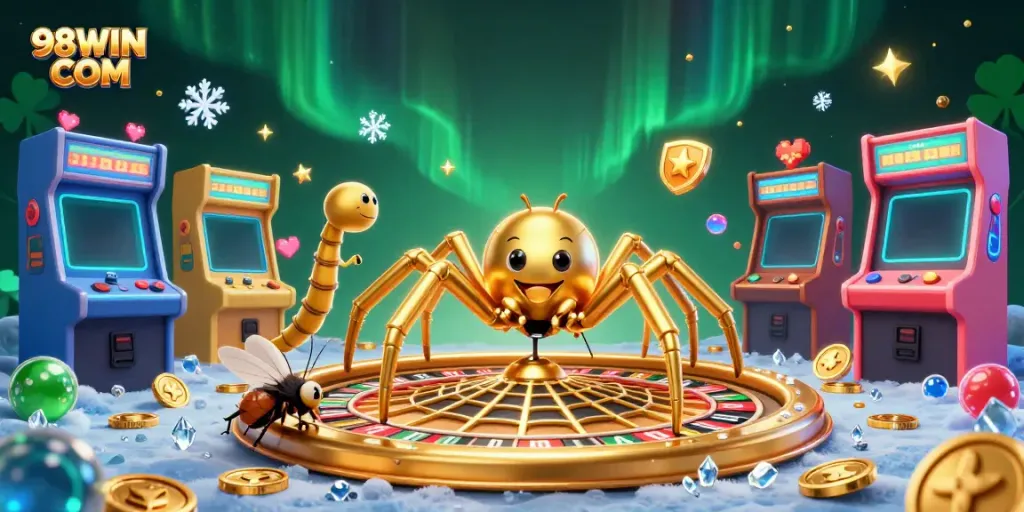 Spin the 98WIN COM roulette wheel with excitement, showcasing dynamic casino elements and characters.