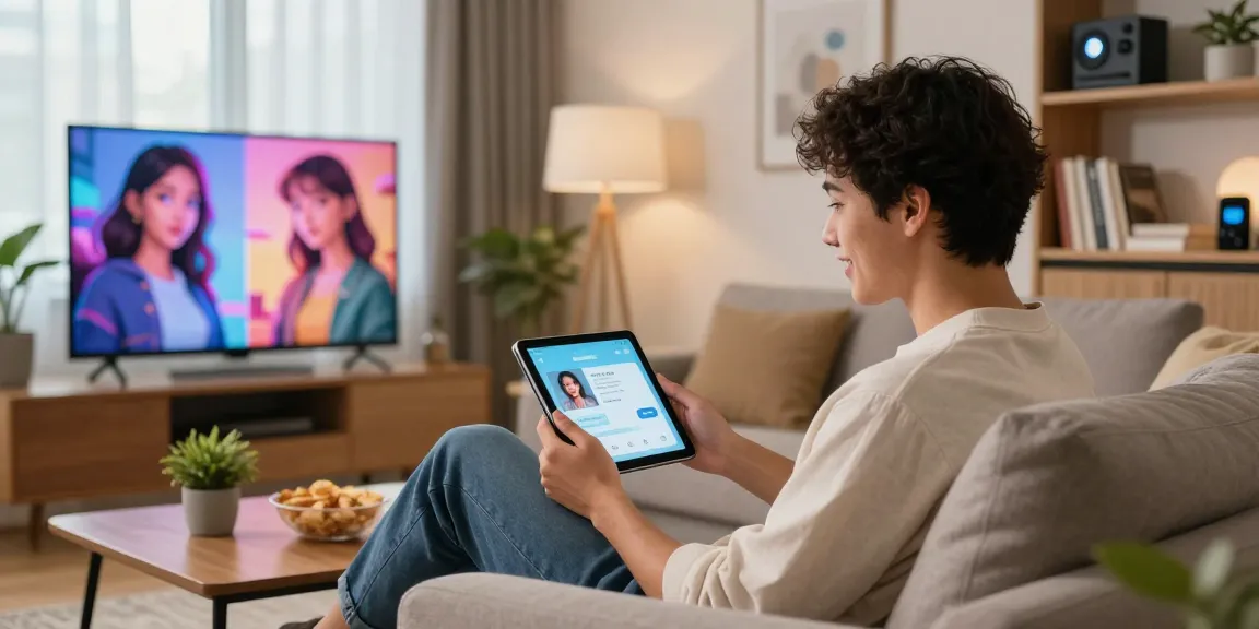 AI girlfriend interaction in a modern living room with ambient lighting.