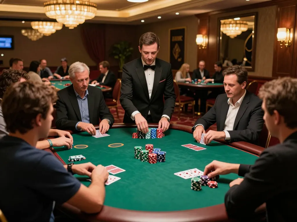 Players engaging in high-stakes poker game at an upscale casino floor, linked to https://fc88.zone.