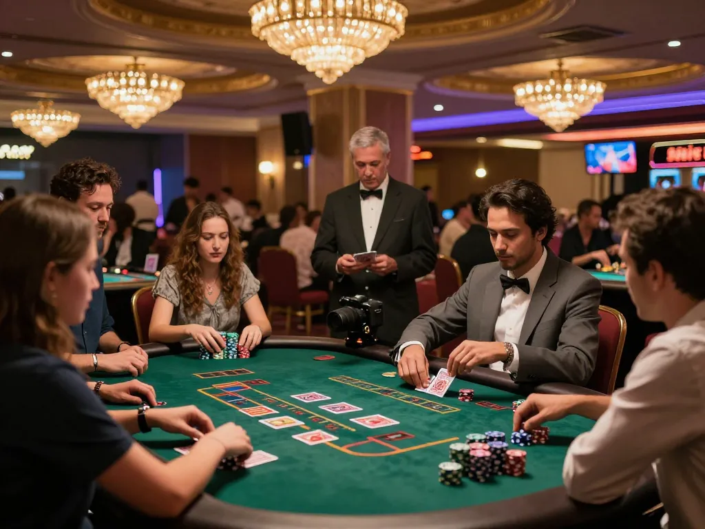 Players enjoying a strategic game at nhà cái jun88's vibrant casino floor with dealers and chips visible.
