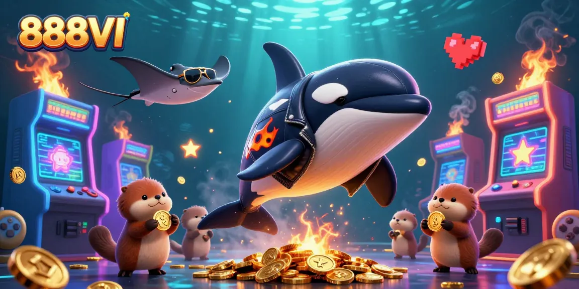 888VI showcases a vibrant casino adventure featuring a whimsical cartoon orca jumping amidst glowing game elements.