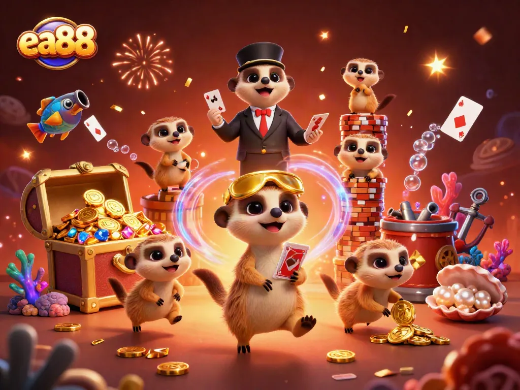 Experience the excitement of ea88 through a dynamic meerkat casino scene filled with treasures and vibrant celebrations.