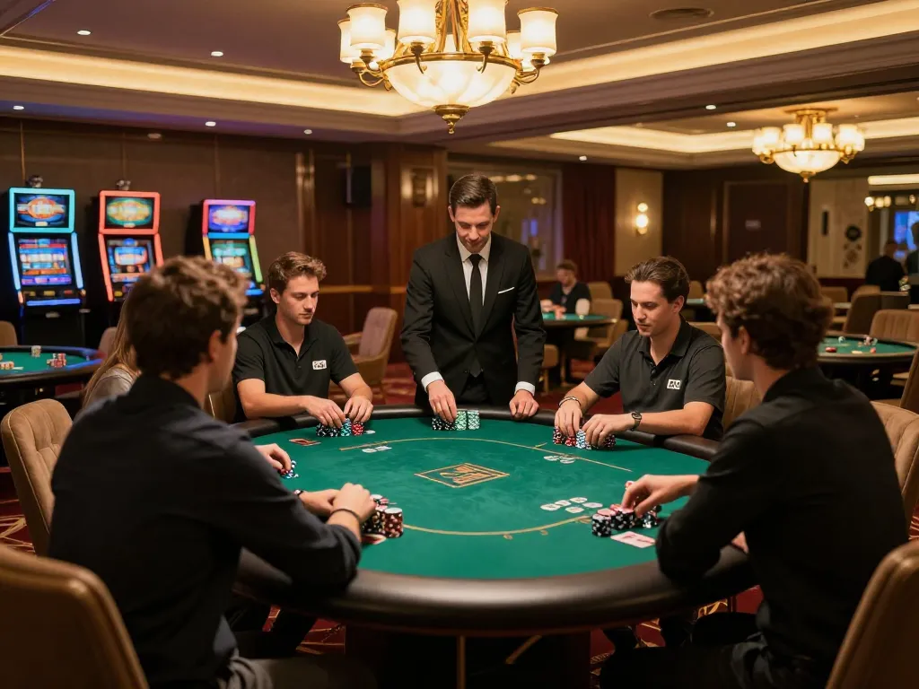 Players engaged in a high-stakes poker game at 8LIVE casino, luxurious ambiance and strategic atmosphere.