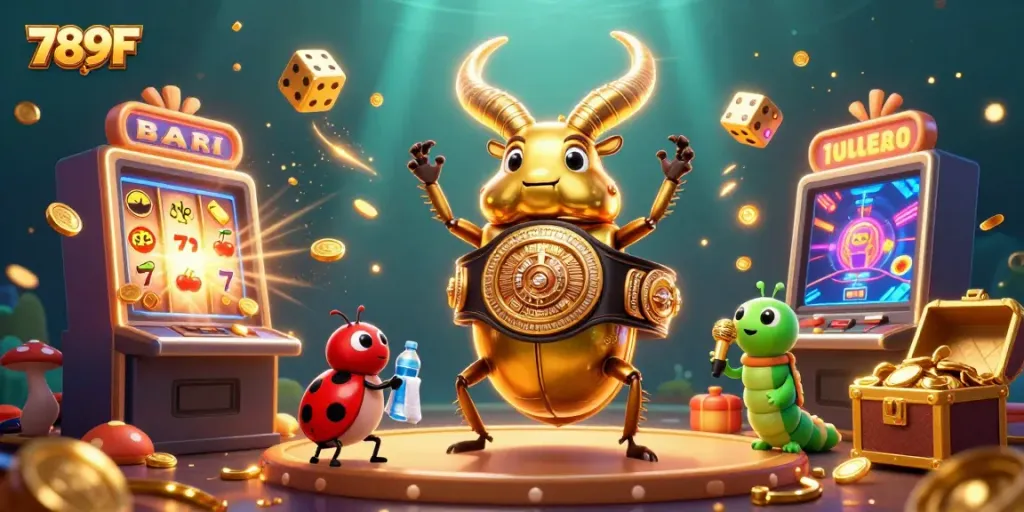 Experience the vibrant 789F gaming scene featuring a giant golden stag beetle and exciting slot machines.