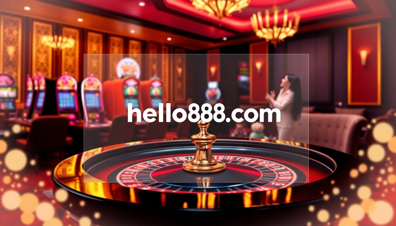 Players enjoying a thrilling game at hello88.com, featuring a luxurious roulette table and vibrant slot machines.