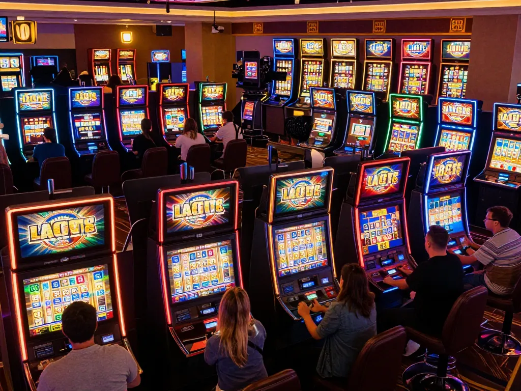 Players winning on Lucky 88 slot machines in a lively casino environment, showcasing vibrant colors and excitement.
